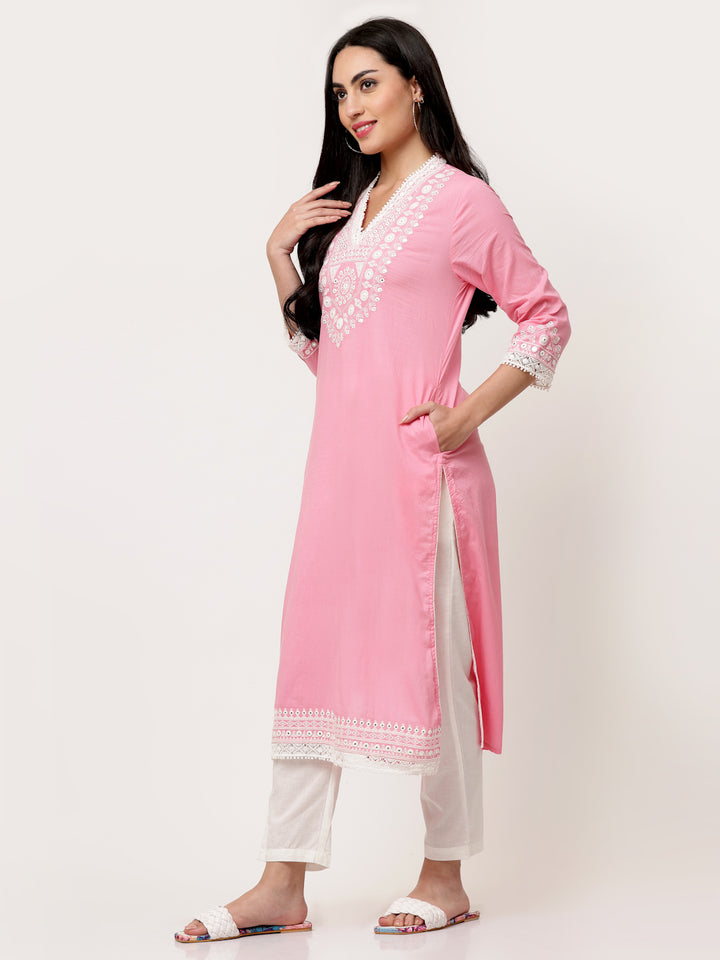 Pastel Pink Cotton Embroidered Straight Kurta