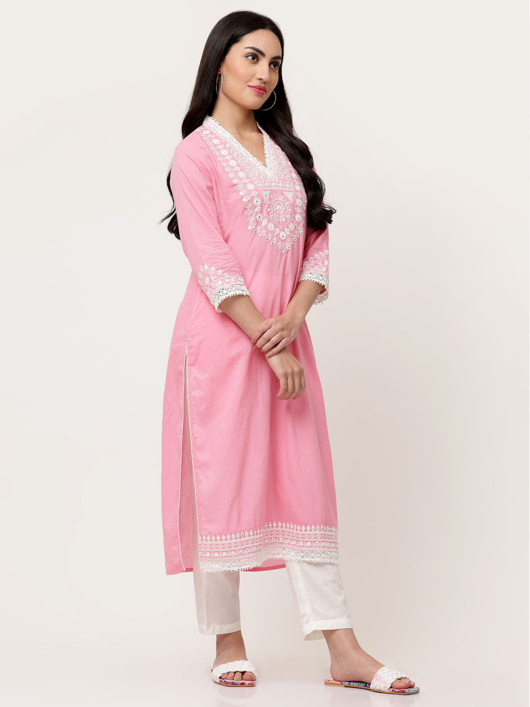 Pastel Pink Cotton Embroidered Straight Kurta