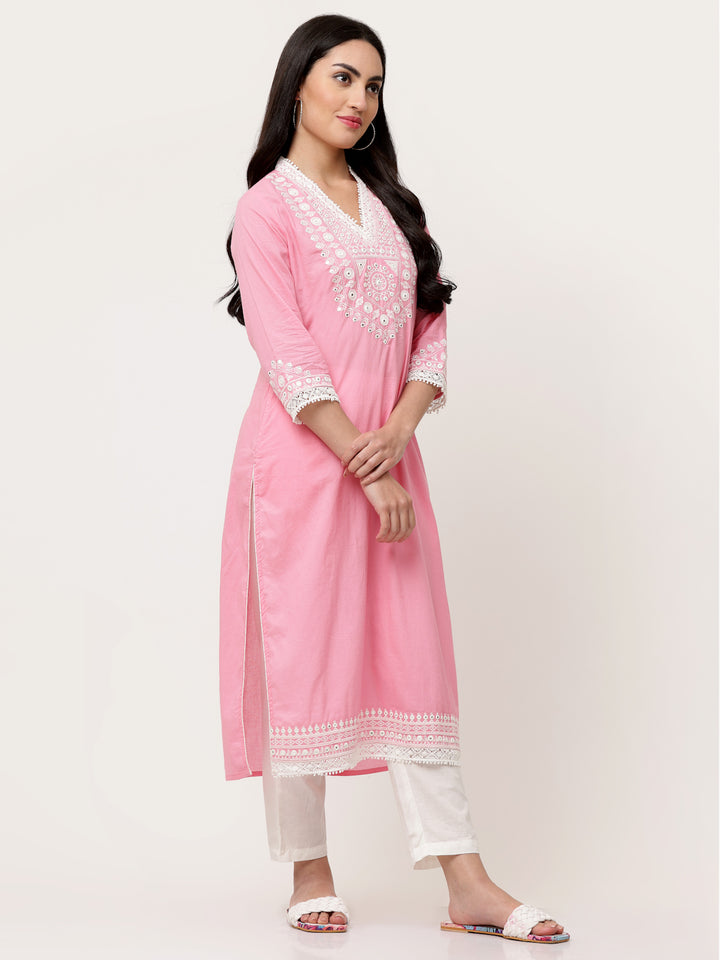 Pastel Pink Cotton Embroidered Straight Kurta