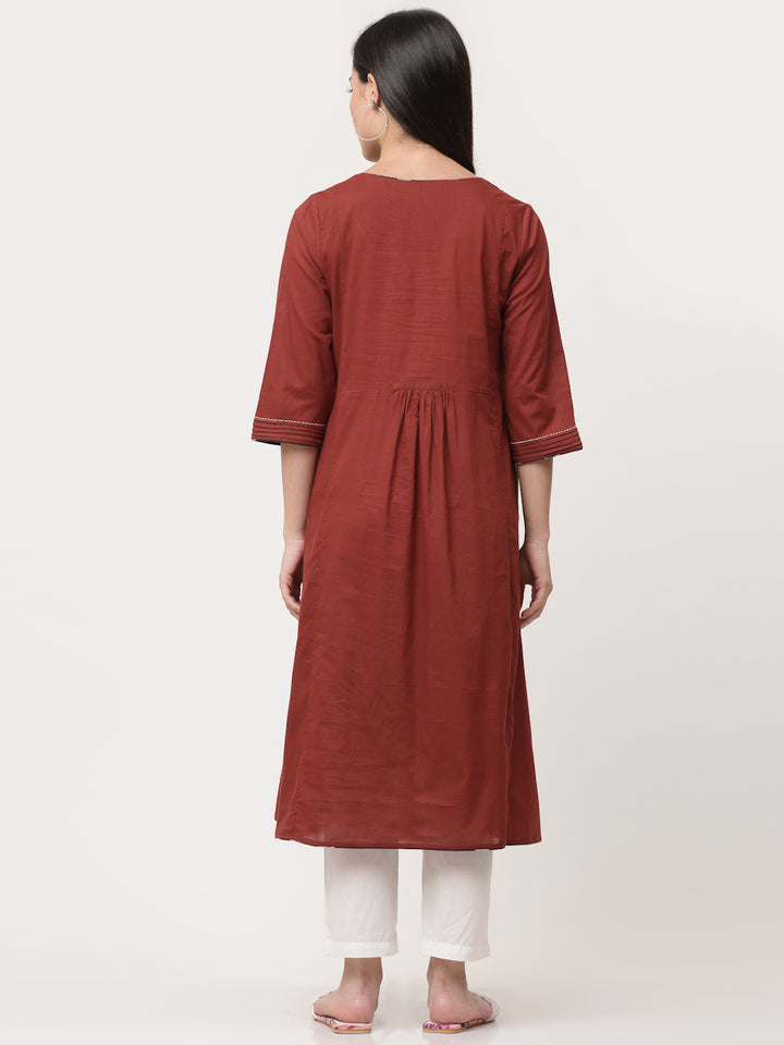 Wine Cotton Pintuck Designer A-Line Kurta