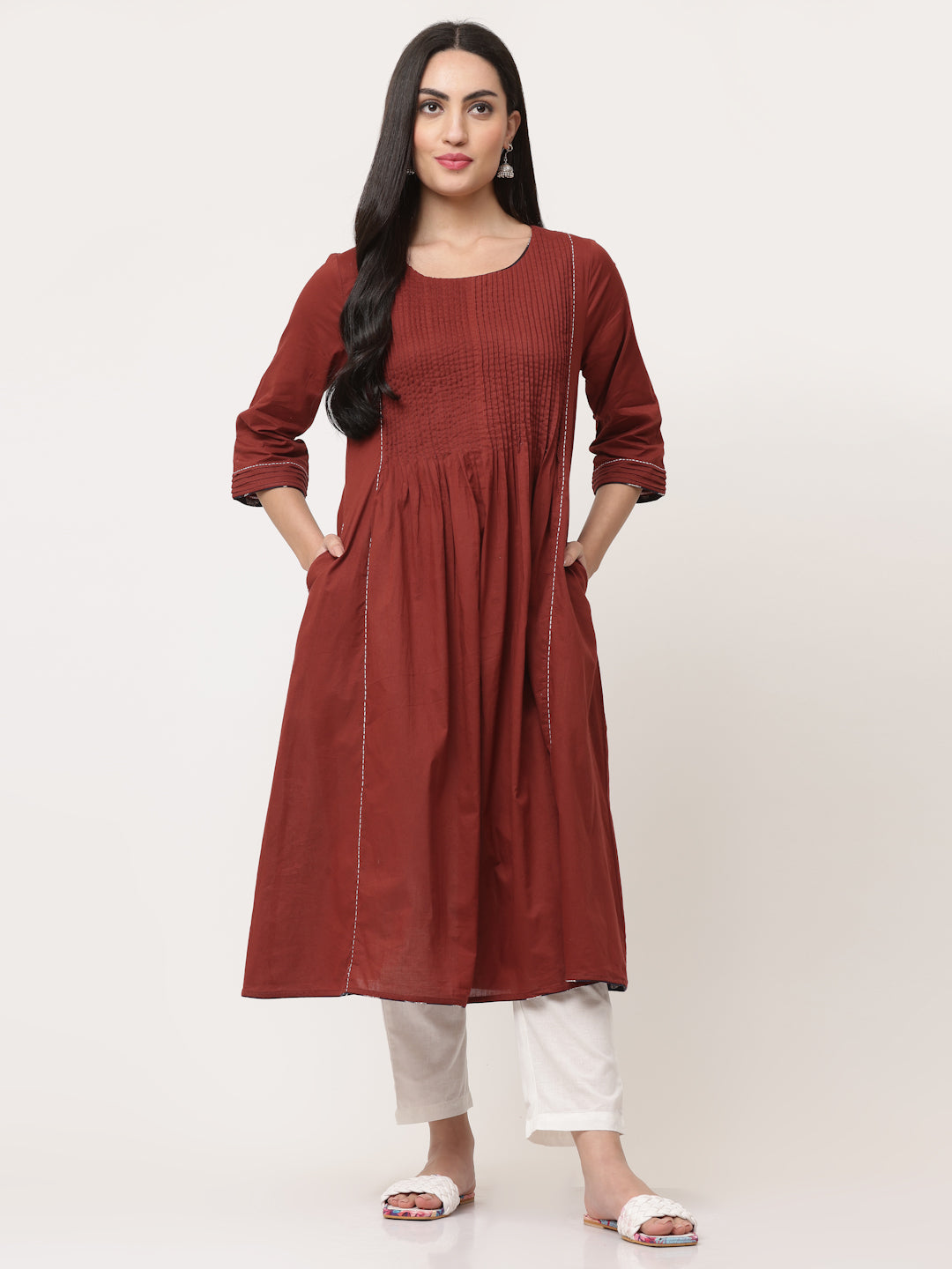 Wine Cotton Pintuck Designer A-Line Kurta