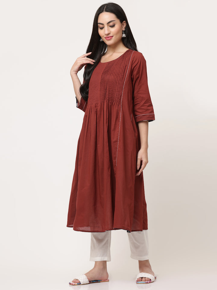 Wine Cotton Pintuck Designer A-Line Kurta