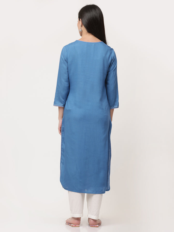 Blue Embroidered Designer Straight Kurta