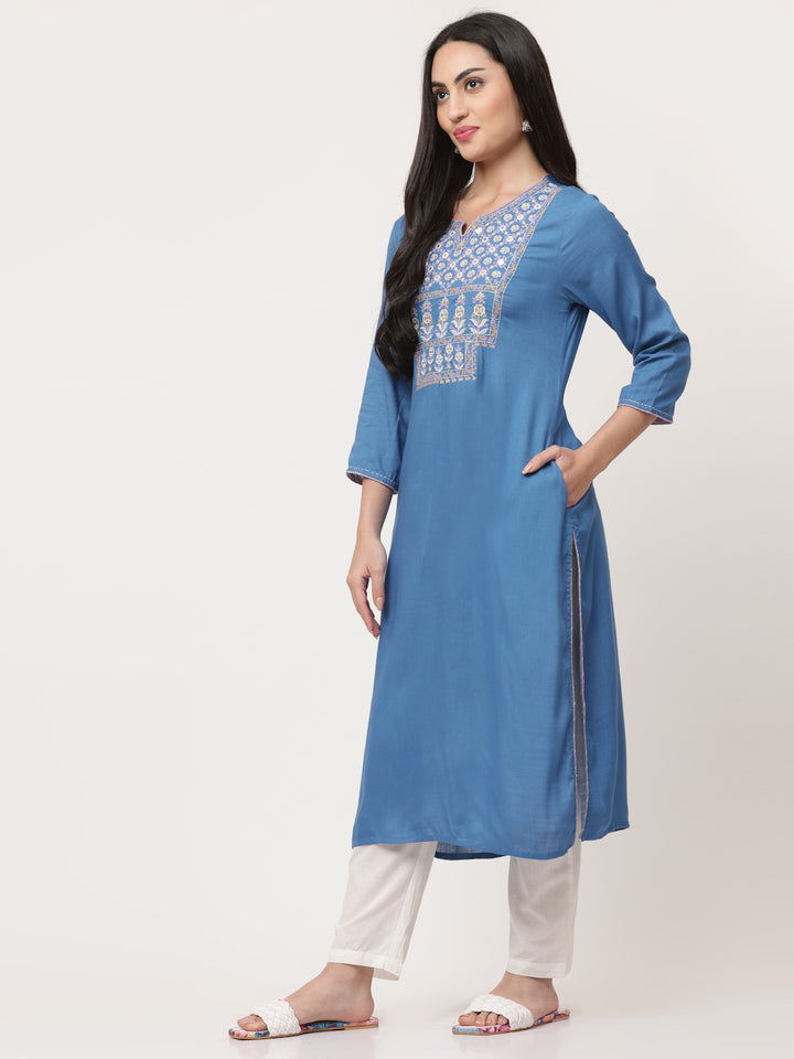 Blue Embroidered Designer Straight Kurta