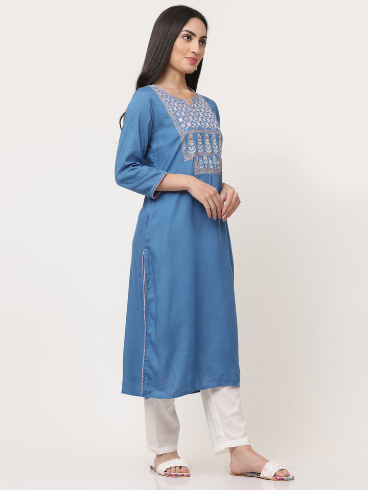 Blue Embroidered Designer Straight Kurta
