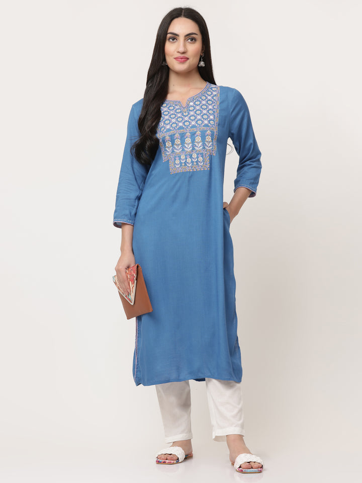 Blue Embroidered Designer Straight Kurta