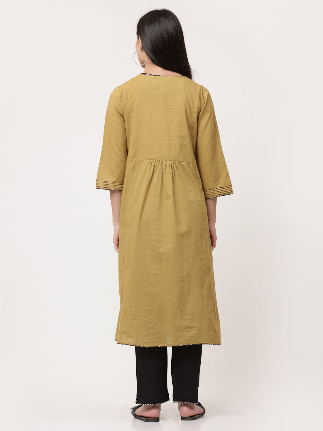 Olive Green Cotton Pintuck Designer A-Line Kurta