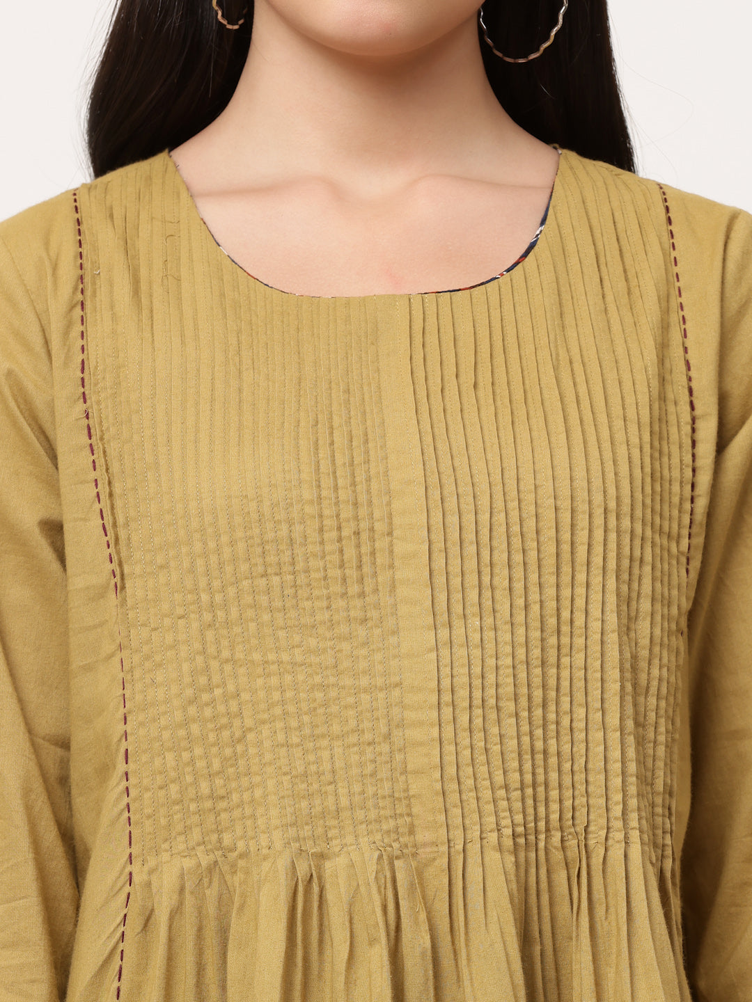 Olive Green Cotton Pintuck Designer A-Line Kurta