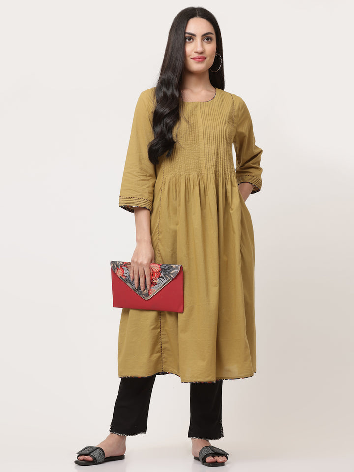 Olive Green Cotton Pintuck Designer A-Line Kurta