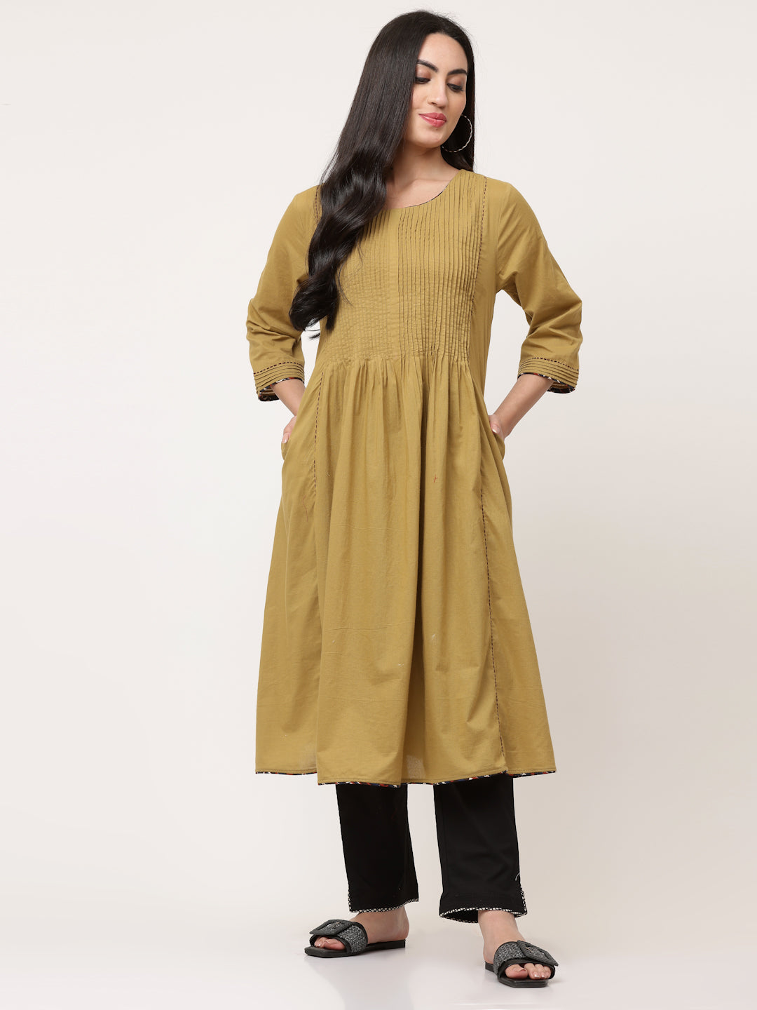 Olive Green Cotton Pintuck Designer A-Line Kurta