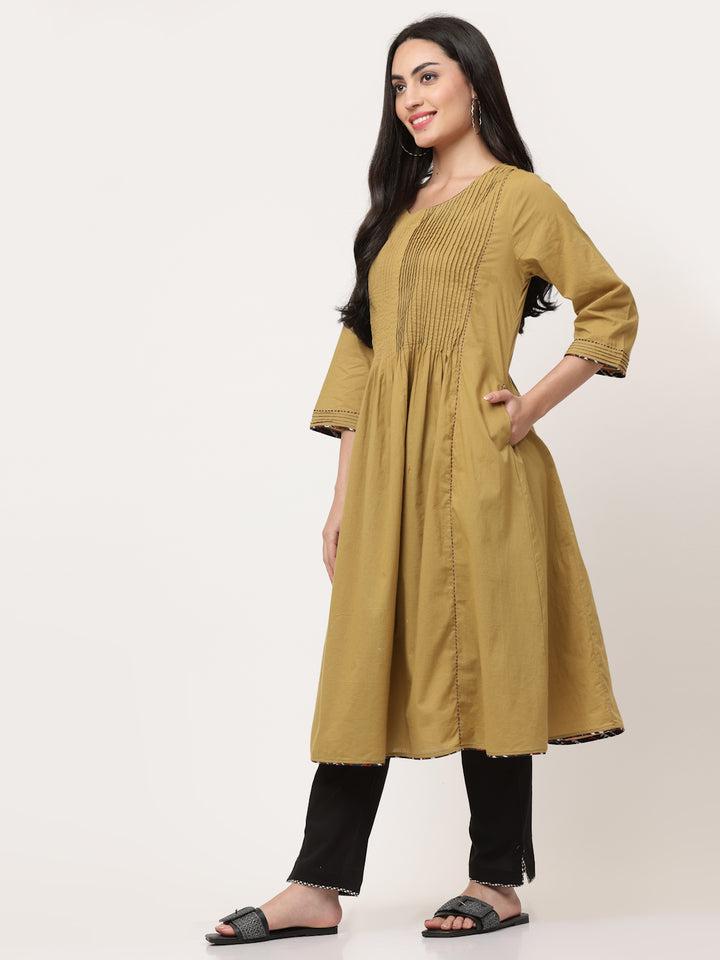 Olive Green Cotton Pintuck Designer A-Line Kurta