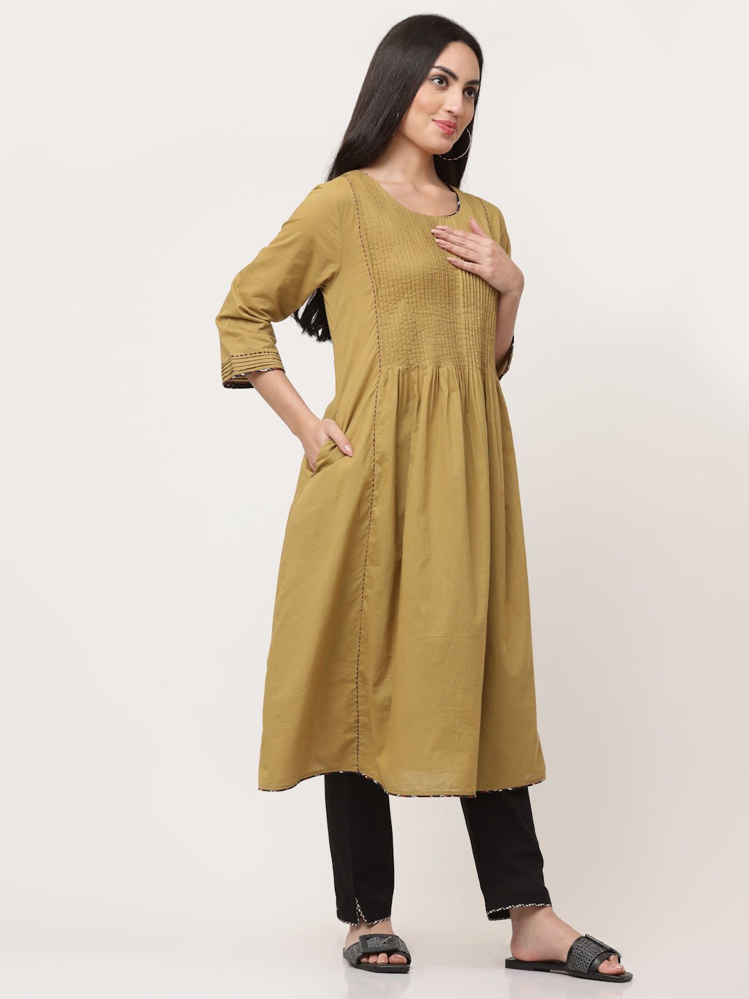 Olive Green Cotton Pintuck Designer A-Line Kurta