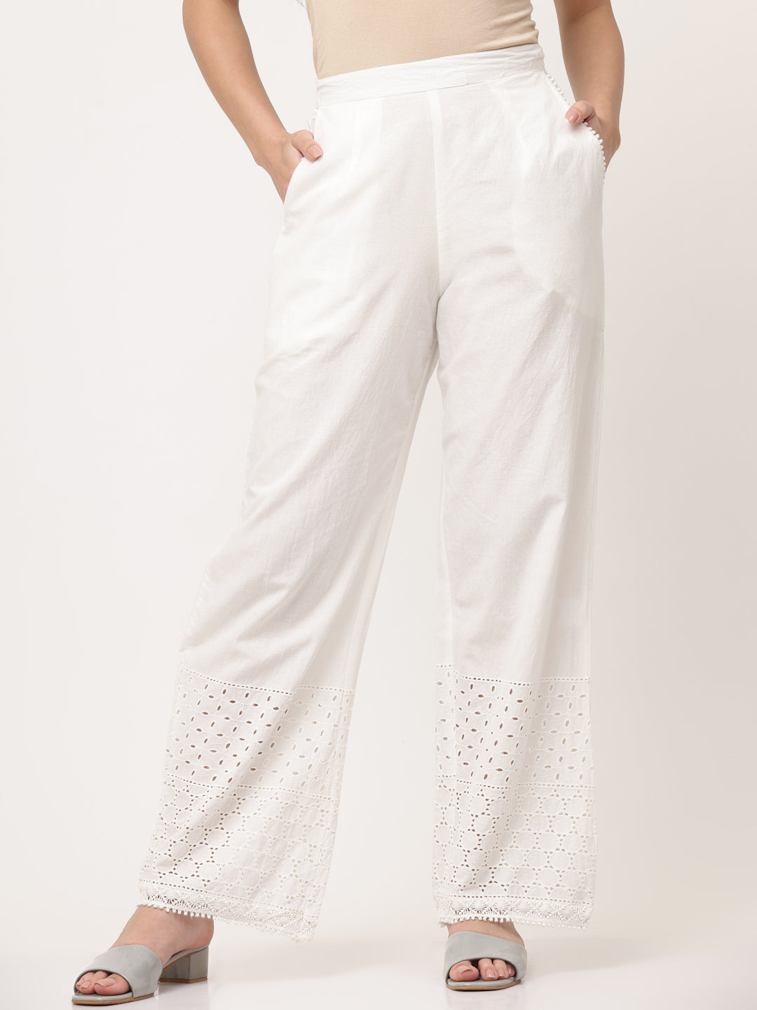White Cotton Schiffli Detailed Palazzo Pant