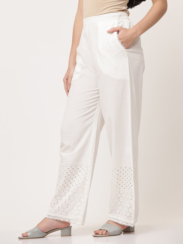White Cotton Schiffli Detailed Palazzo Pant