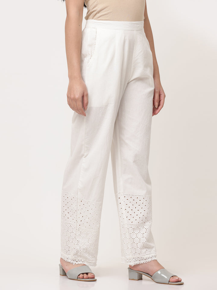 White Cotton Schiffli Detailed Palazzo Pant