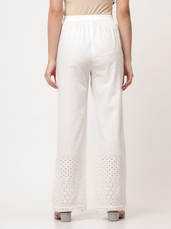 White Cotton Schiffli Detailed Palazzo Pant