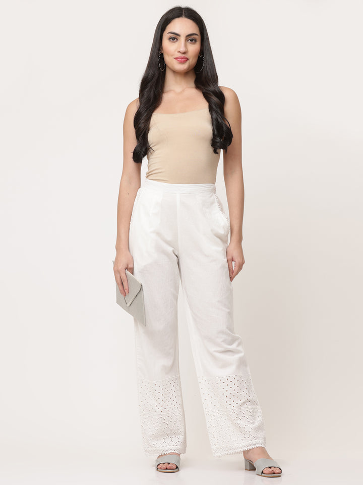 White Cotton Schiffli Detailed Palazzo Pant