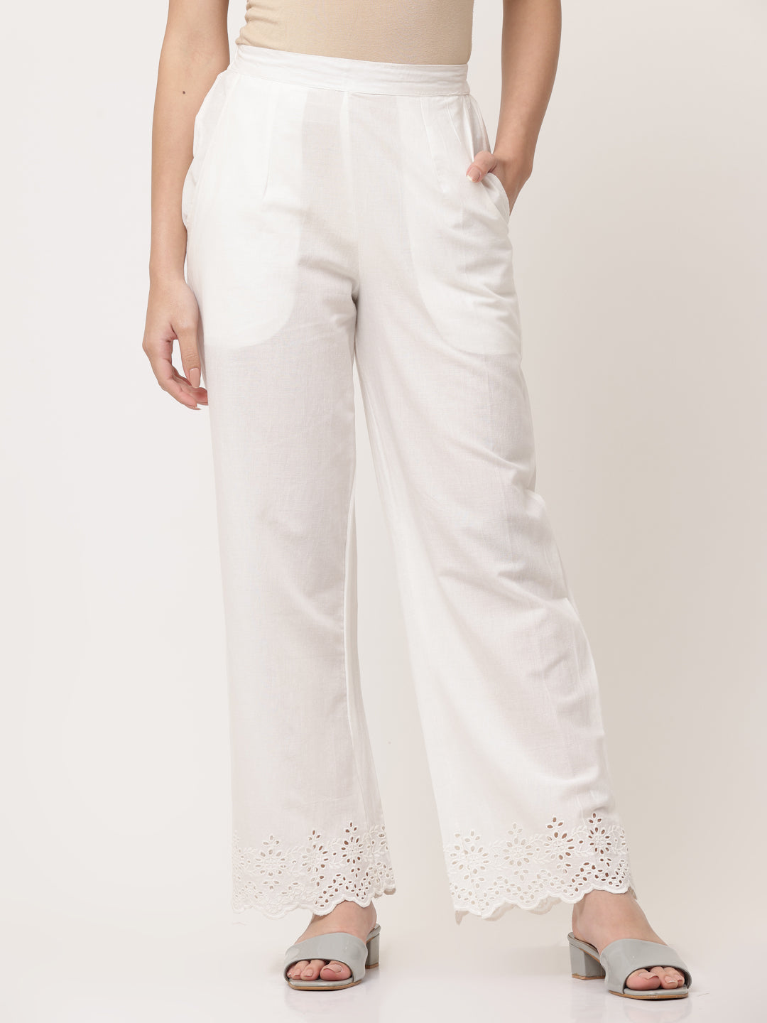 White Cotton Schiffli Palazzo Pant