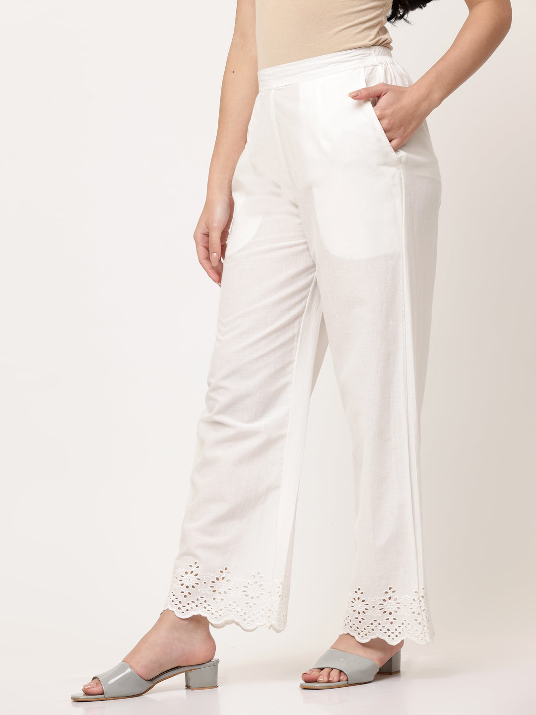White Cotton Schiffli Palazzo Pant