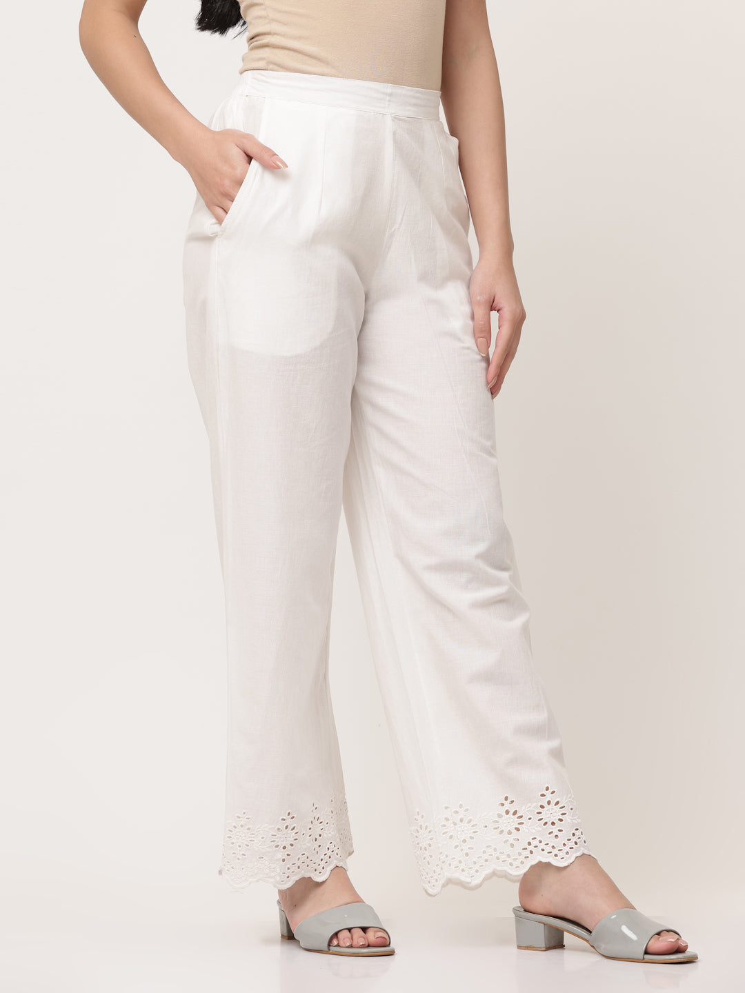 White Cotton Schiffli Palazzo Pant