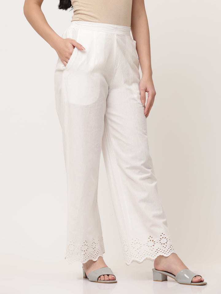 White Cotton Schiffli Palazzo Pant
