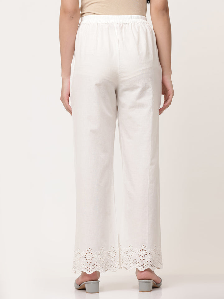 White Cotton Schiffli Palazzo Pant