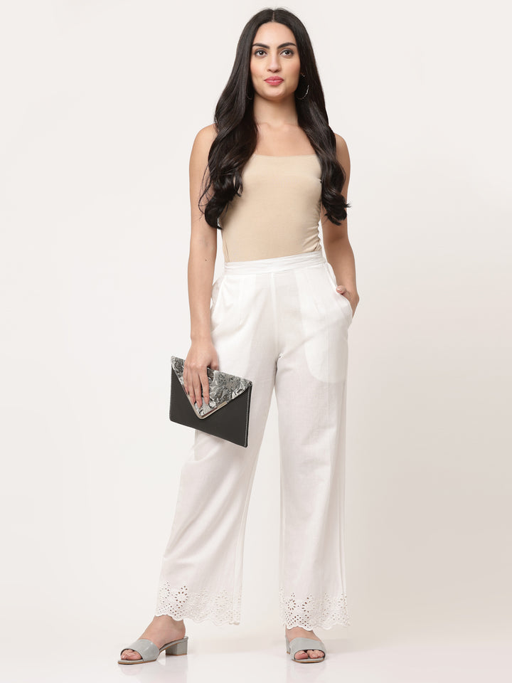 White Cotton Schiffli Palazzo Pant