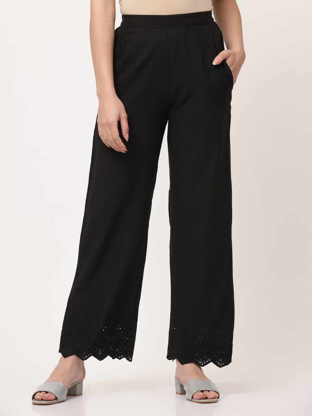 Black Cotton Schiffli Palazzo Pant