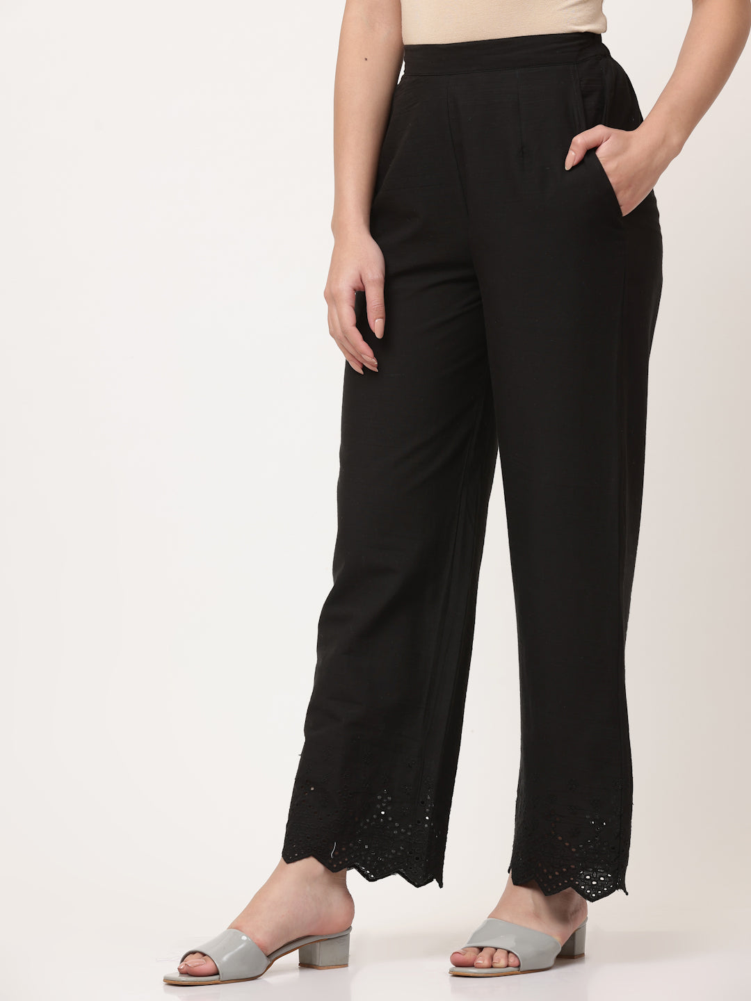 Black Cotton Schiffli Palazzo Pant