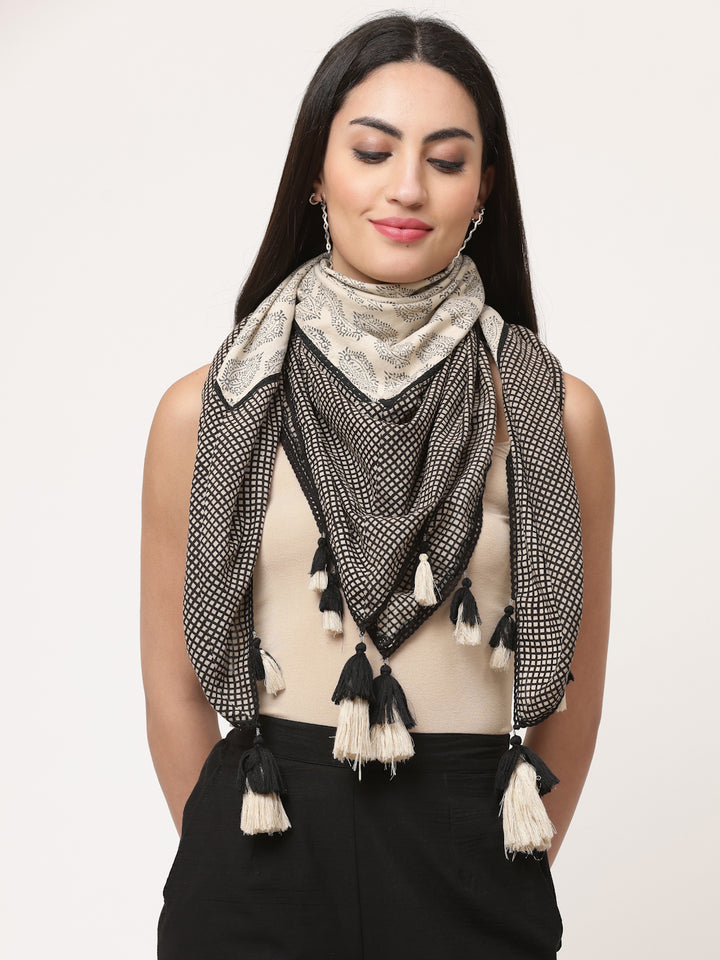 Black Cotton Printed Detailed Scarf