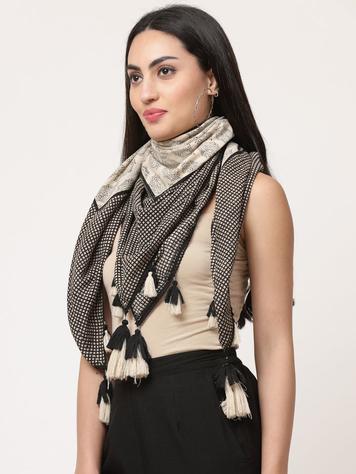 Black Cotton Printed Detailed Scarf