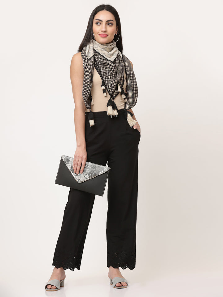 Black Cotton Printed Detailed Scarf