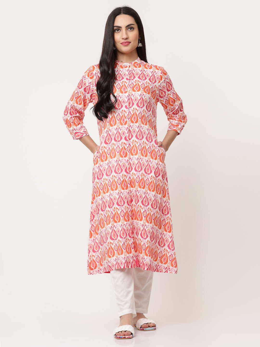 Red Ikat Printed Button Down Mandarin Collar Kurta