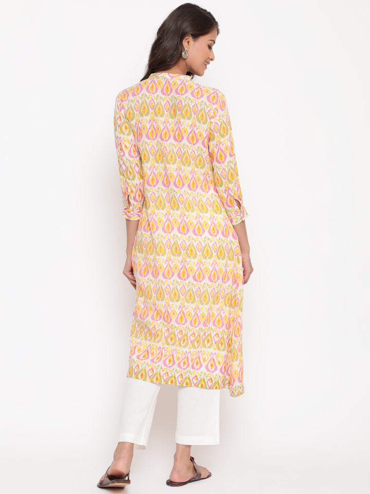 Woman posing in Peach Pink Rayon Ikat Printed Mandarin Collar Kurta