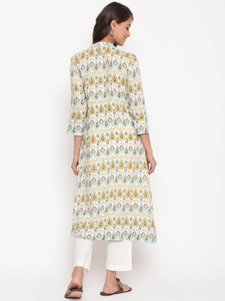 Woman posing in Blue Rayon Ikat Printed Mandarin Collar Kurta