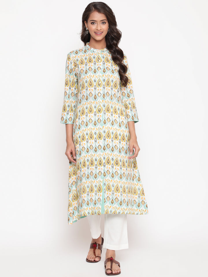 Woman posing in Blue Rayon Ikat Printed Mandarin Collar Kurta