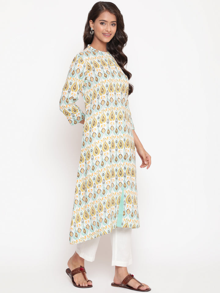 Woman posing in Blue Rayon Ikat Printed Mandarin Collar Kurta