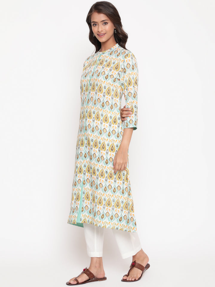 Woman posing in Blue Rayon Ikat Printed Mandarin Collar Kurta