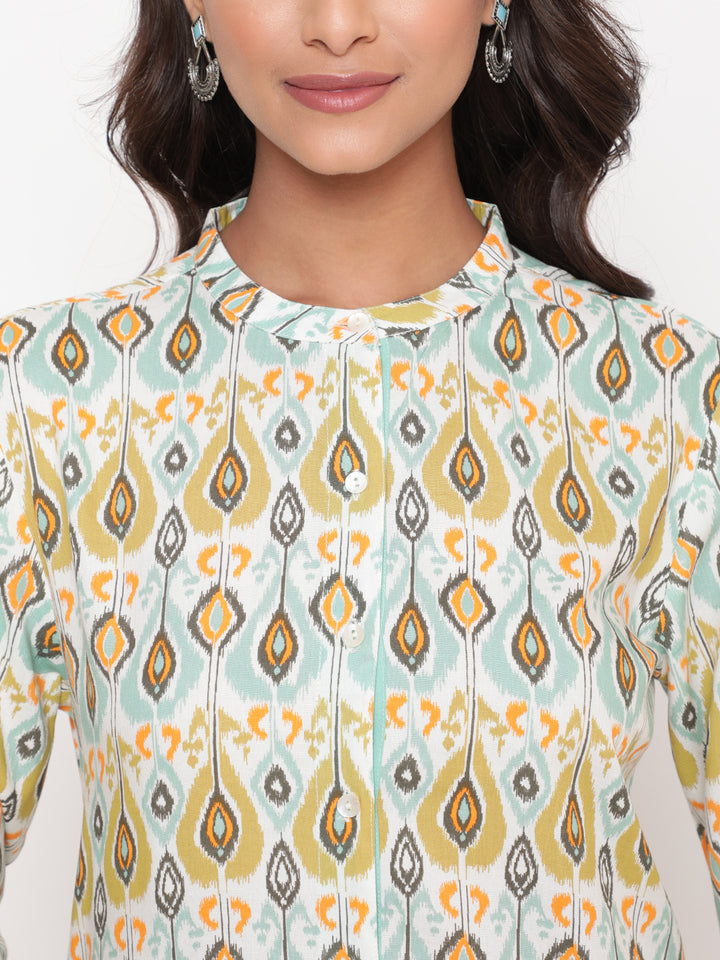 Woman posing in Blue Rayon Ikat Printed Mandarin Collar Kurta