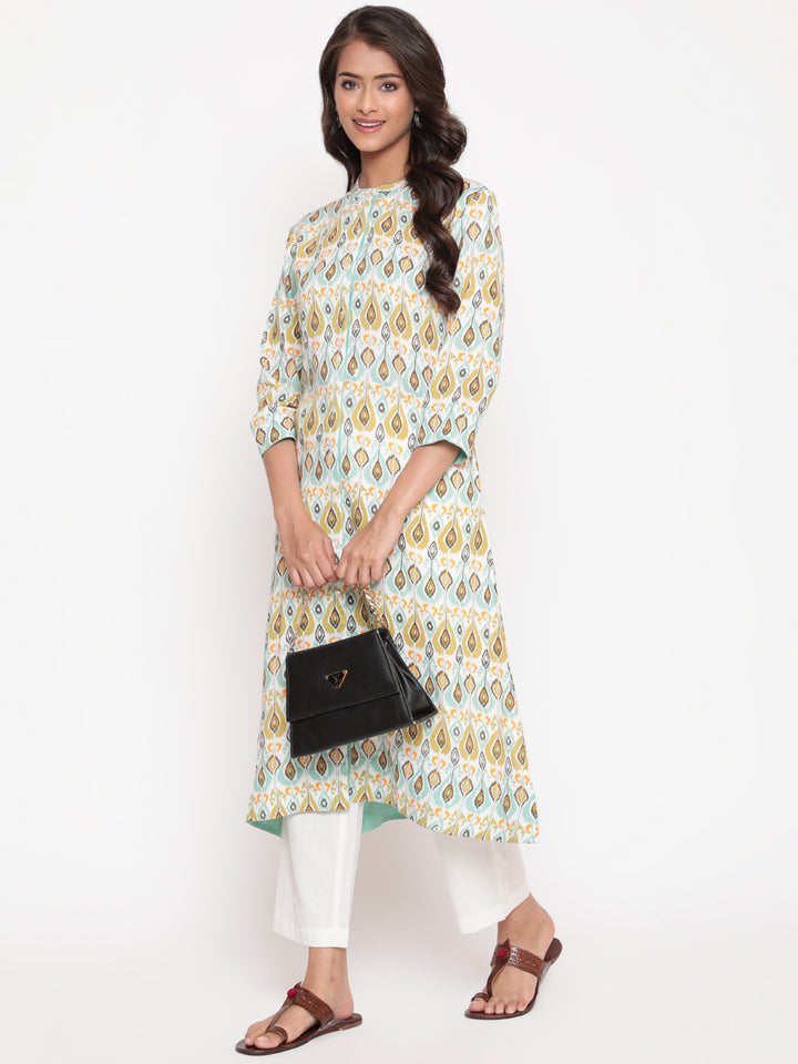 Woman posing in Blue Rayon Ikat Printed Mandarin Collar Kurta