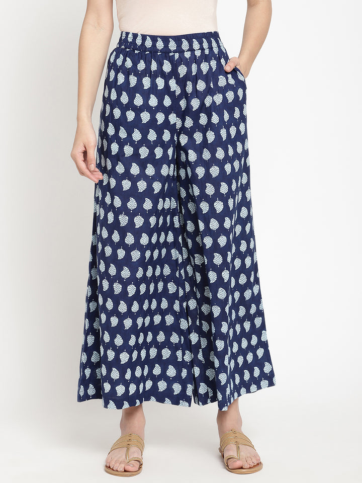 Wide-shot of indigo cotton palazzos for women.