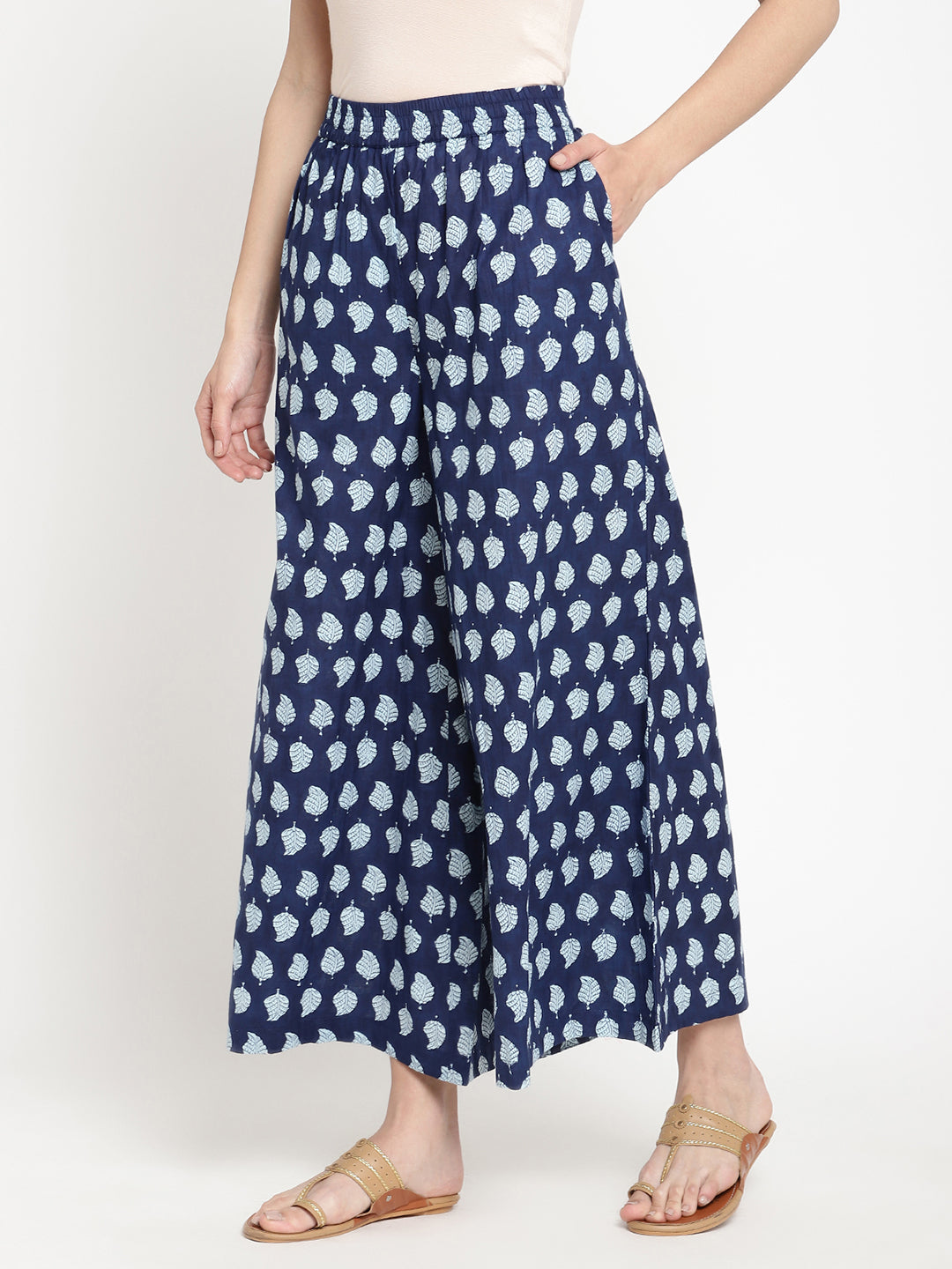 Wide-shot of indigo cotton palazzos for women.