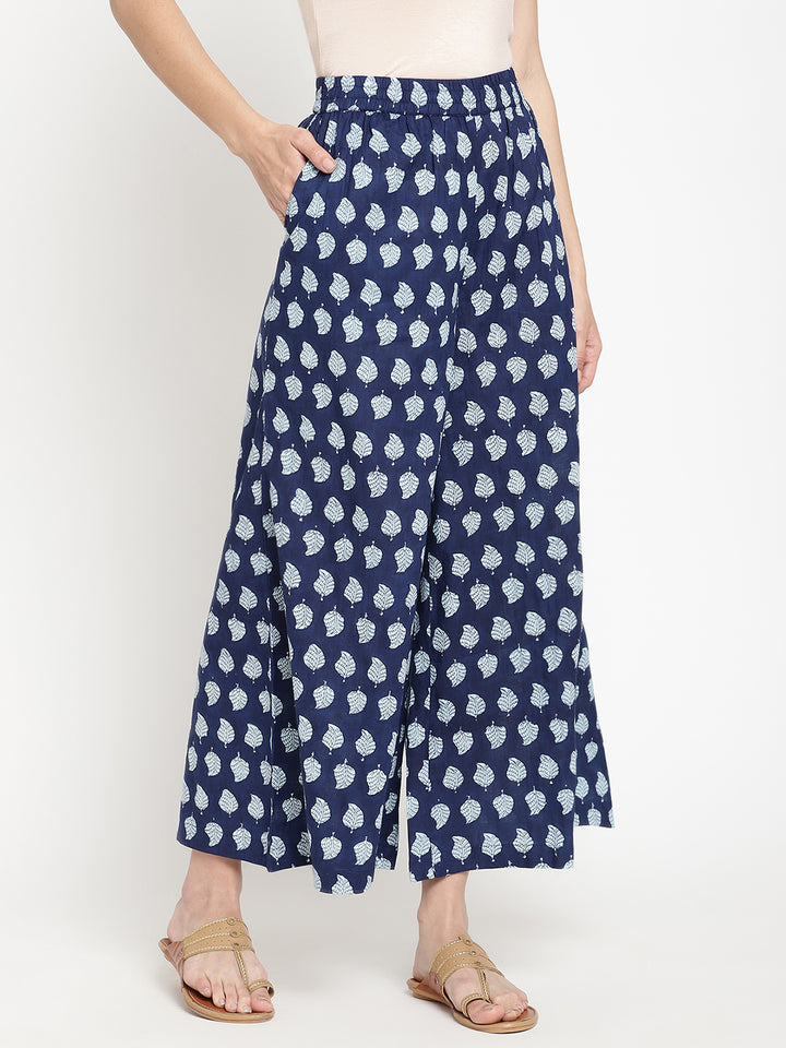 Wide-shot of indigo cotton palazzos for women.
