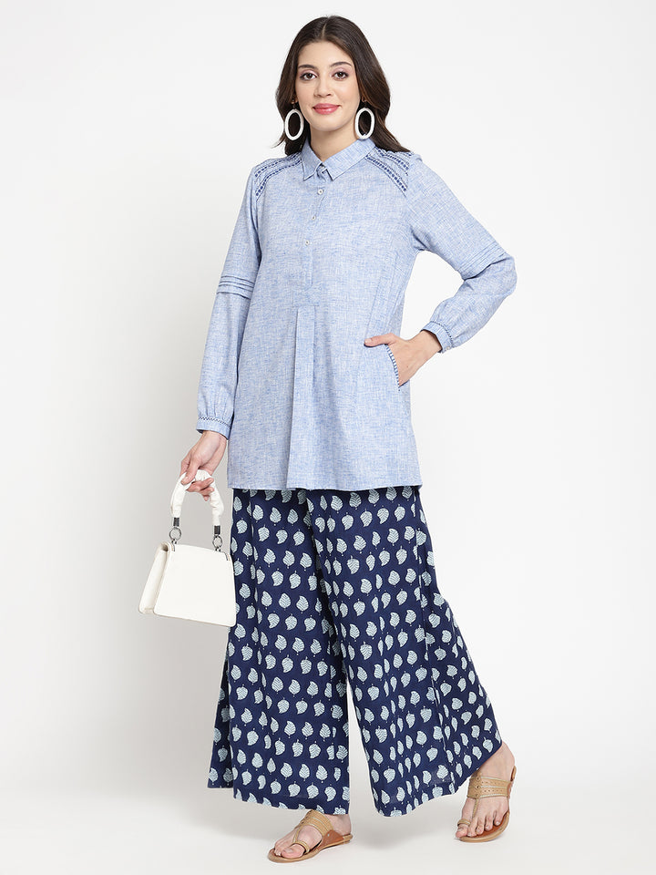 Wide-shot of indigo cotton palazzos for women.