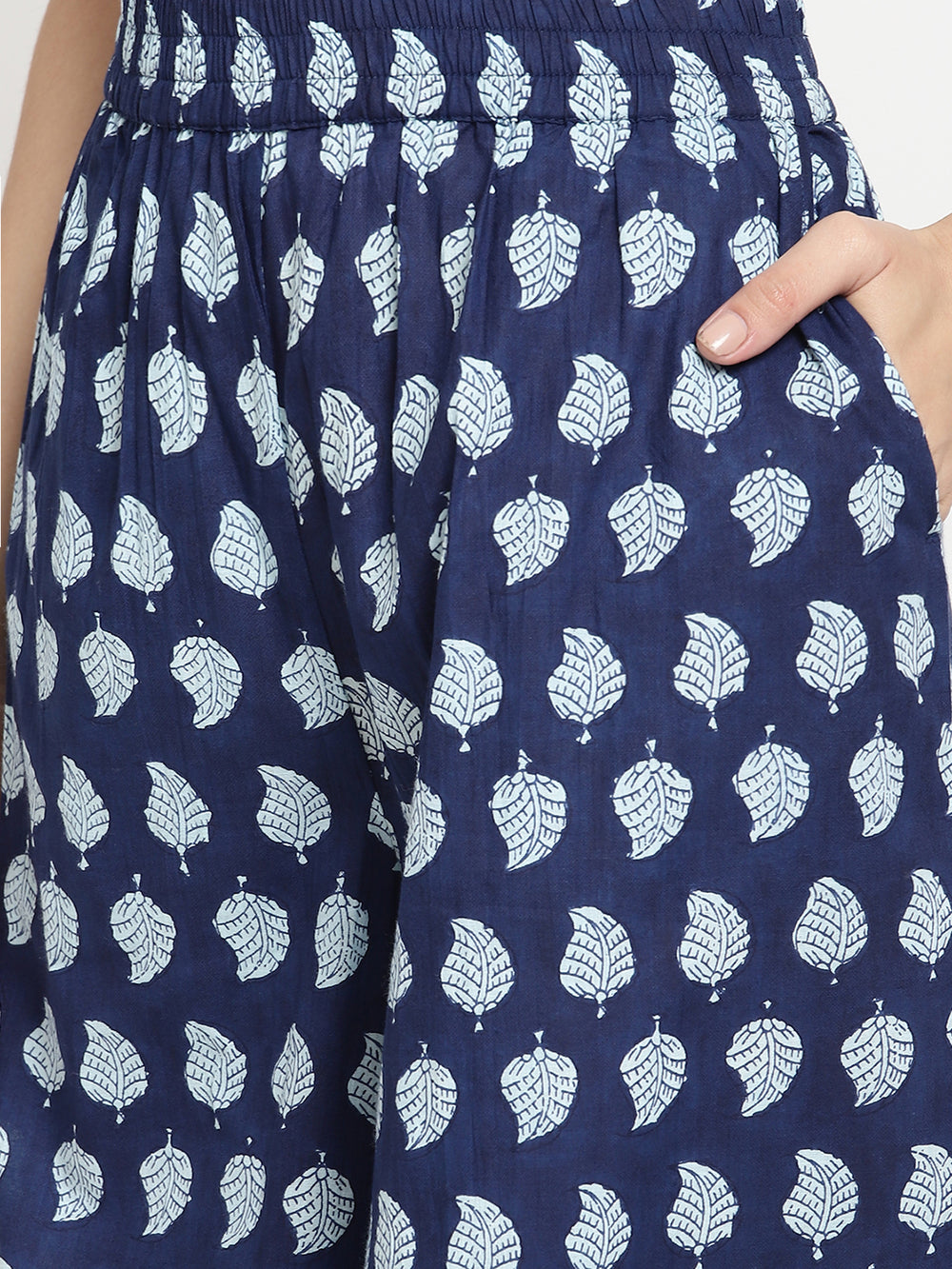Wide-shot of indigo cotton palazzos for women.