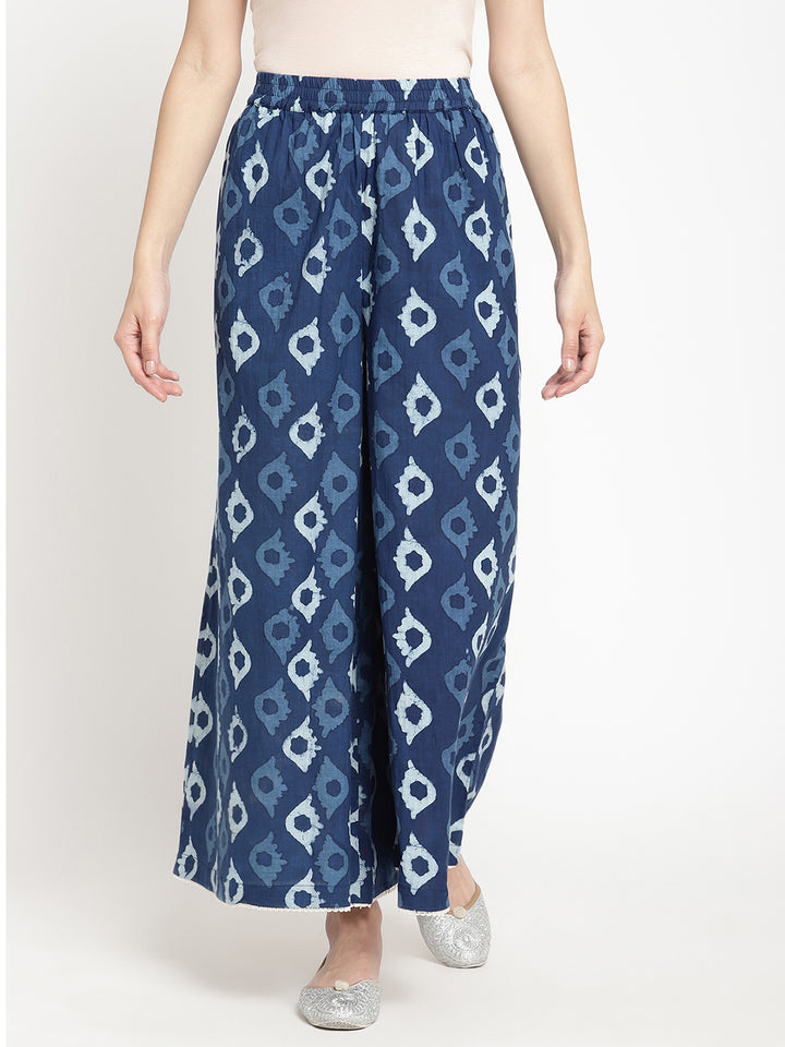 High definition shot of Indigo Ikat Cotton Printed Palazzo, made by Savi.