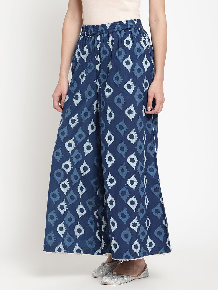 High definition shot of Indigo Ikat Cotton Printed Palazzo, made by Savi.