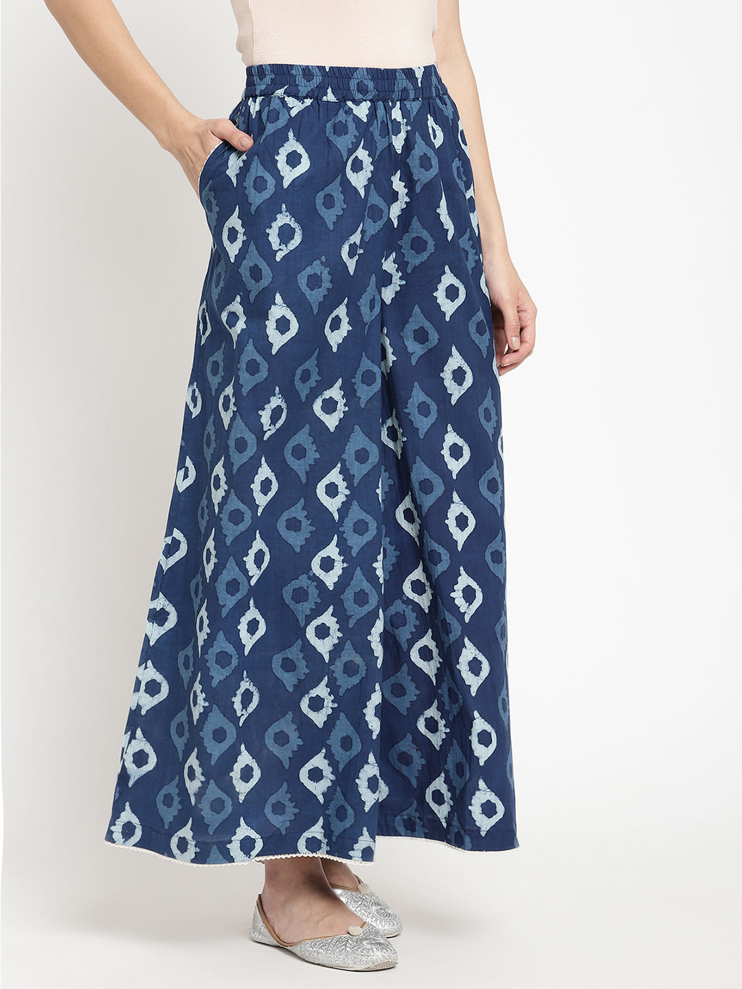 High definition shot of Indigo Ikat Cotton Printed Palazzo, made by Savi.