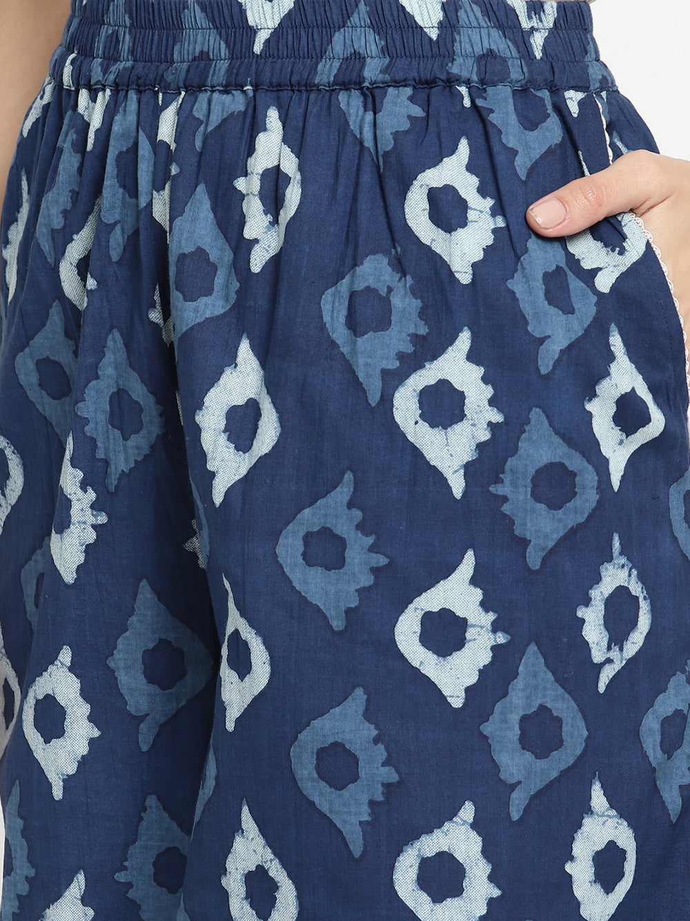 High definition shot of Indigo Ikat Cotton Printed Palazzo, made by Savi.