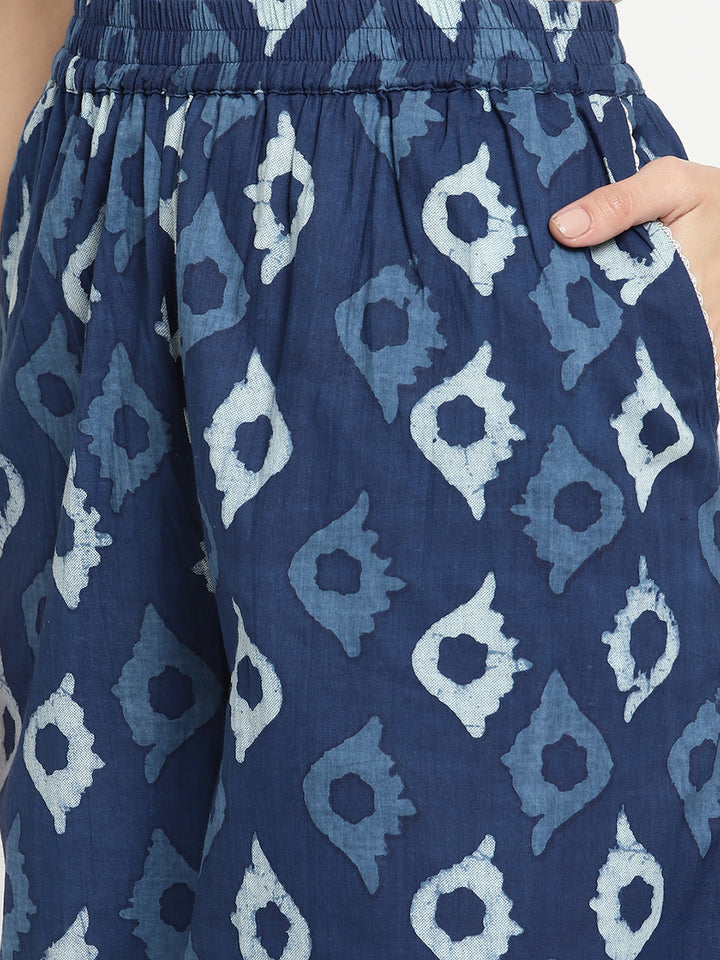 High definition shot of Indigo Ikat Cotton Printed Palazzo, made by Savi.